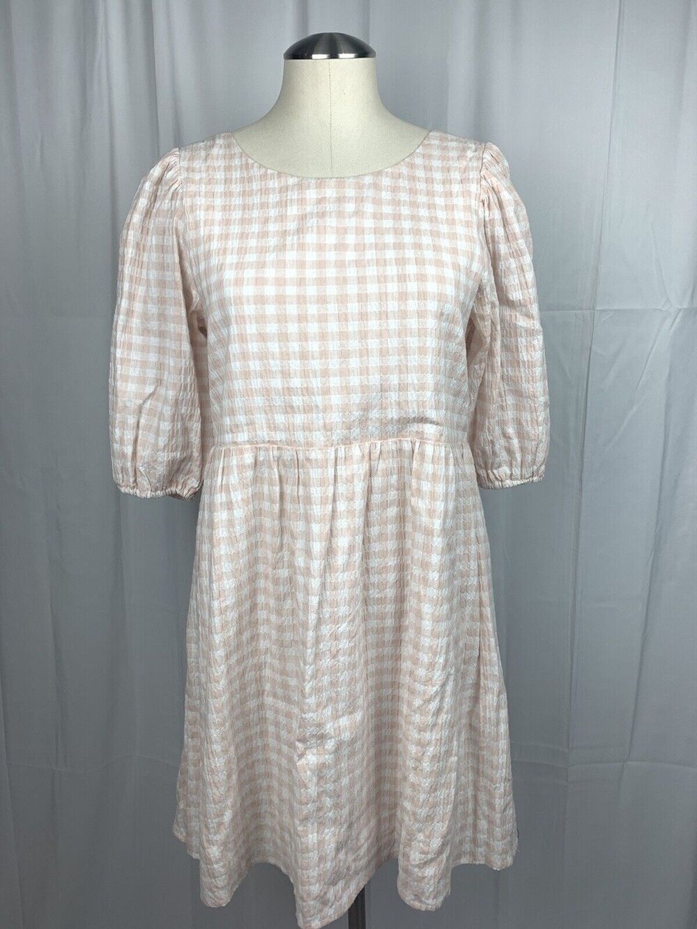 June & Hudson Pink White Gingham Short Puff Sleeve Open Back Bow Dress S Cottage